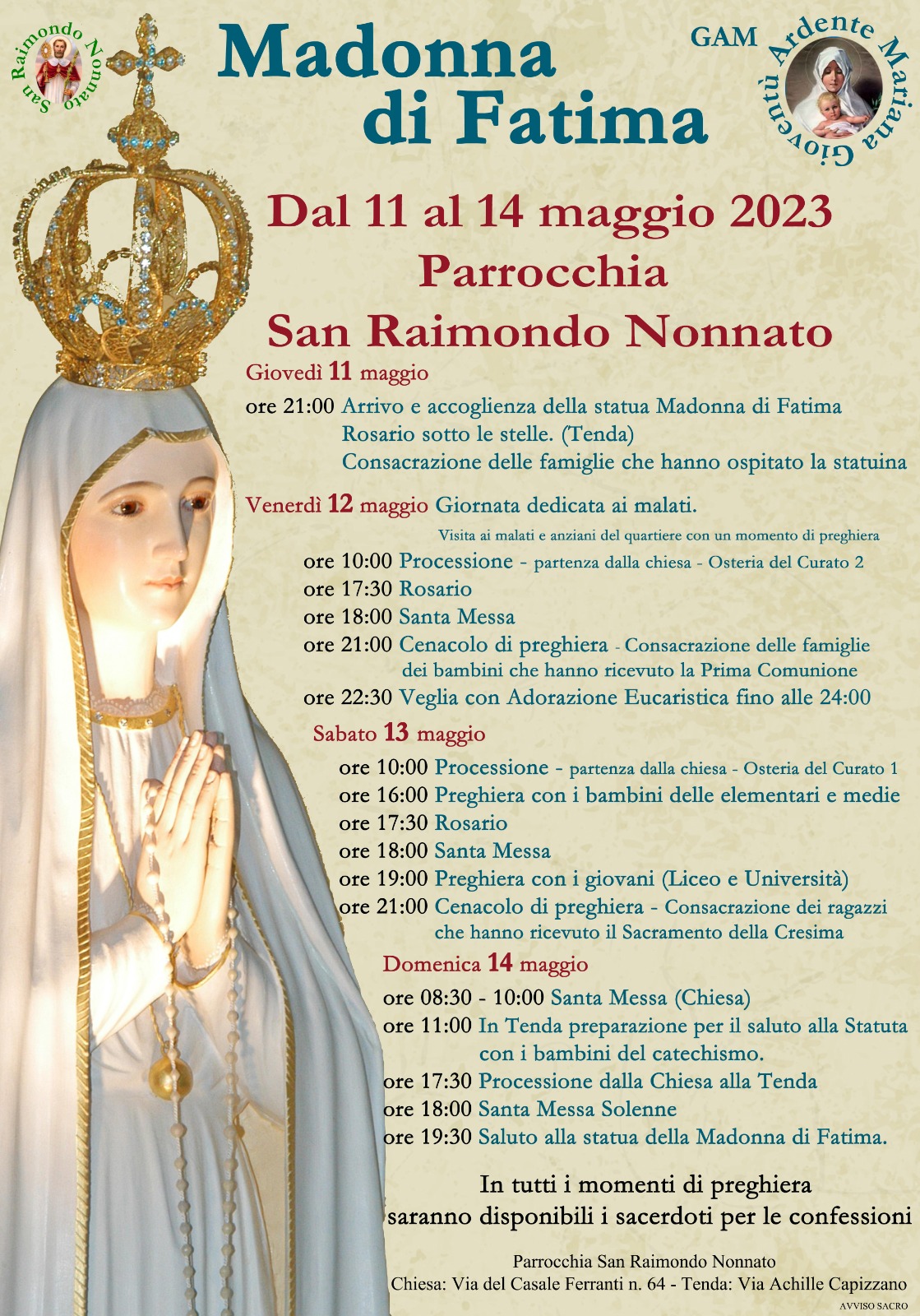 Eventi in onore dell'arrivo della statua itinerante di Maria di Fatima
